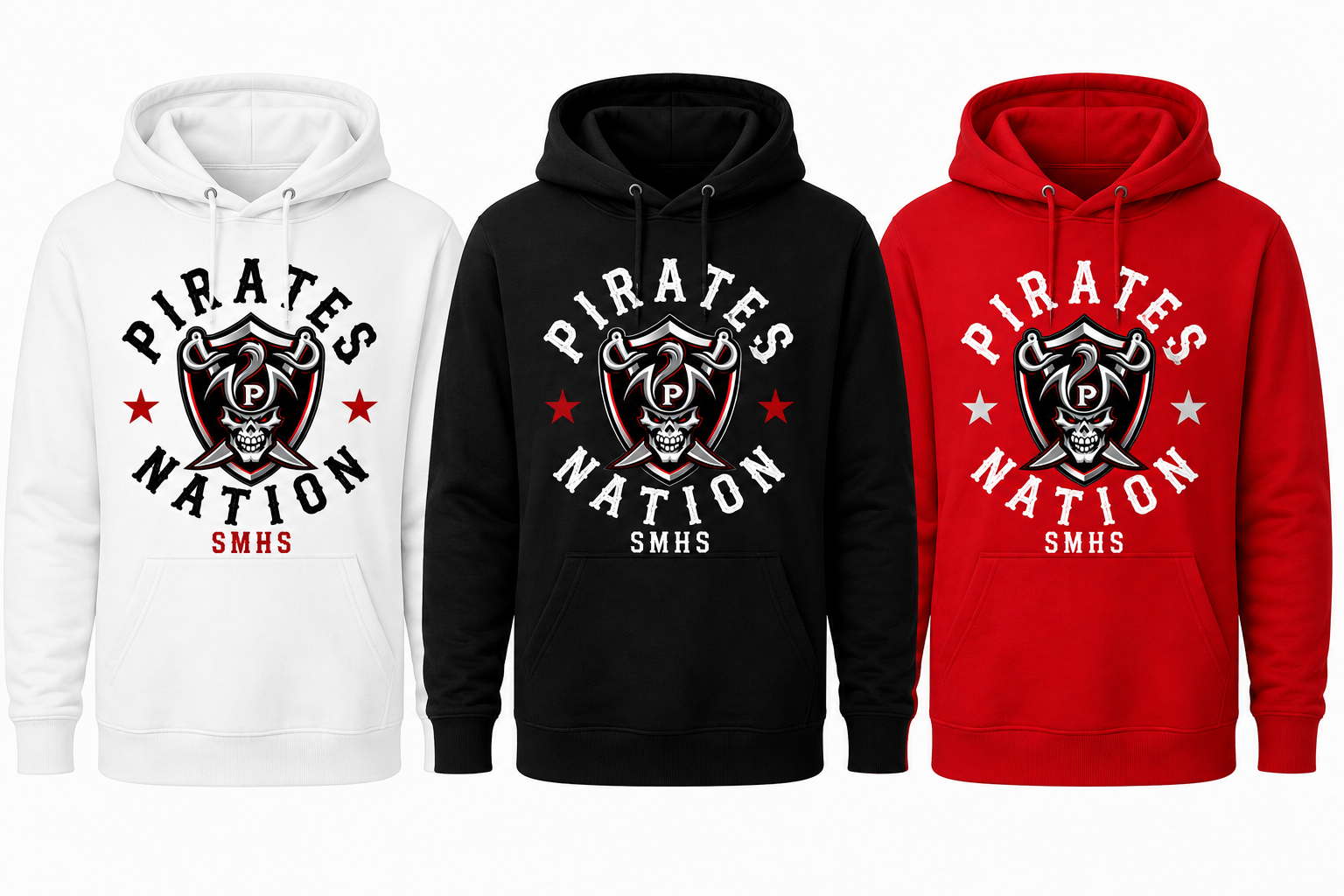 Three hoodies shown side by side on a plain white background: white, black, and red pullover hoodies, each with a large front graphic reading "PIRATES NATION" and "SMHS" with a pirate skull emblem and small red stars.