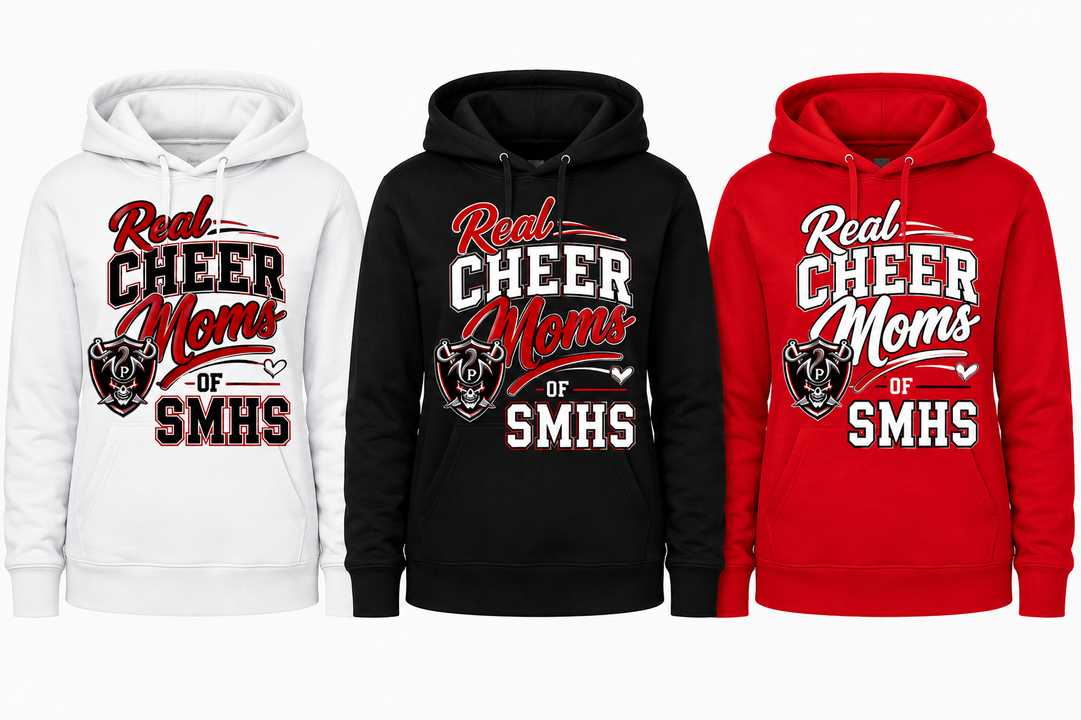 Three hoodies shown side by side on a plain light background: a white hoodie, a black hoodie, and a red hoodie. Each hoodie has a large front graphic reading 'Real CHEER Moms OF SMHS' with a mascot graphic and text below.