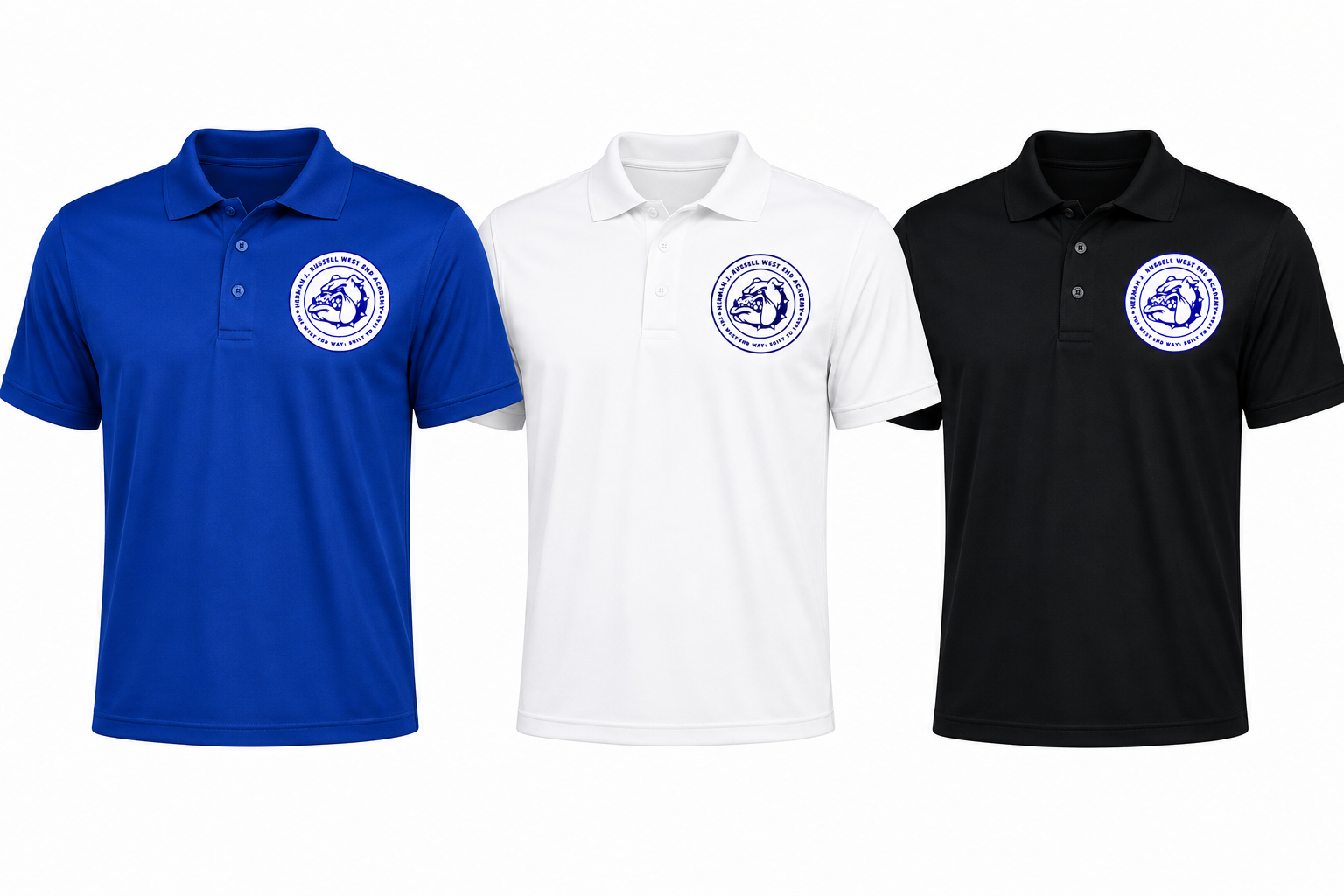 Three polo shirts shown side by side on a plain white background: royal blue, white, and black, each with a circular blue crest printed on the left chest.