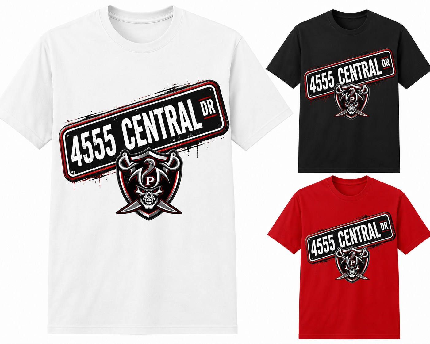 Three graphic T-shirts shown on a plain white background: a large white shirt in front with a black, red, and white '4555 CENTRAL DR' street-sign style graphic and skull emblem, plus two smaller shirts in black and red showing the same graphic.