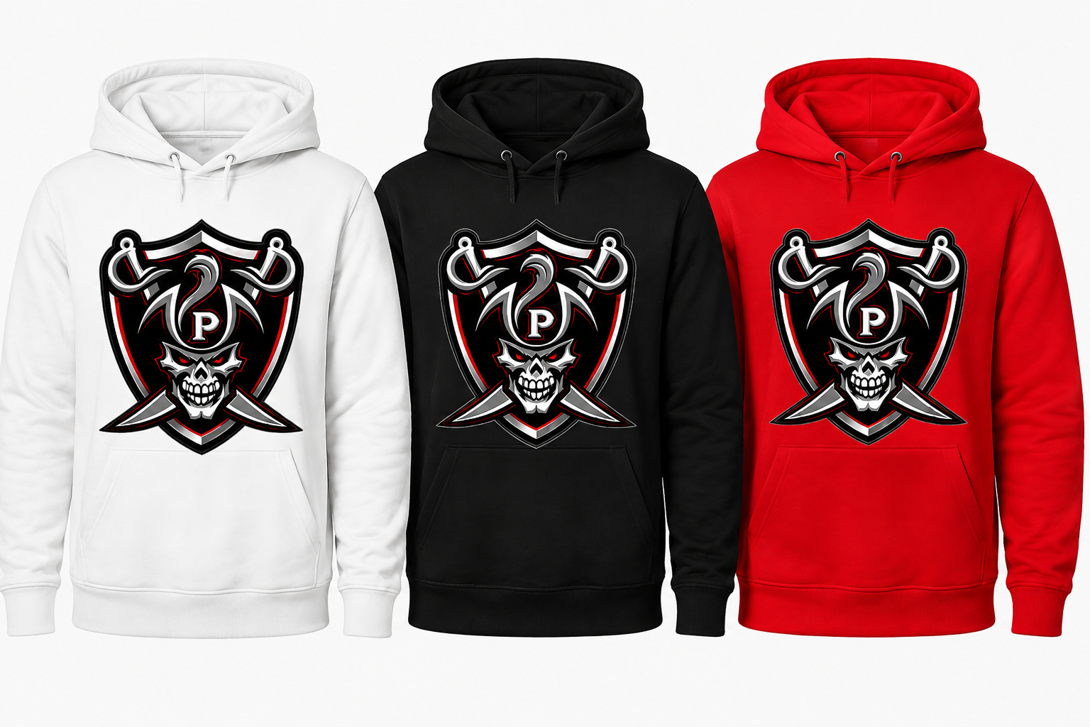 Three hoodies shown side by side on a plain light background: one white, one black, and one red. Each hoodie features a large pirate-style skull and crossed swords shield graphic with a letter P in the center.