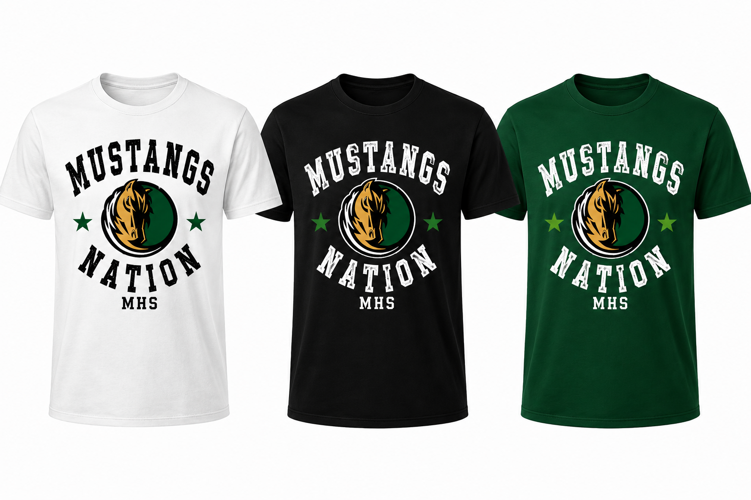 Three short-sleeve graphic T-shirts shown side by side on a plain white background: white, black, and dark green. Each shirt features the words 'MUSTANGS NATION' with 'MHS' below, plus a circular horse-head logo and green stars.