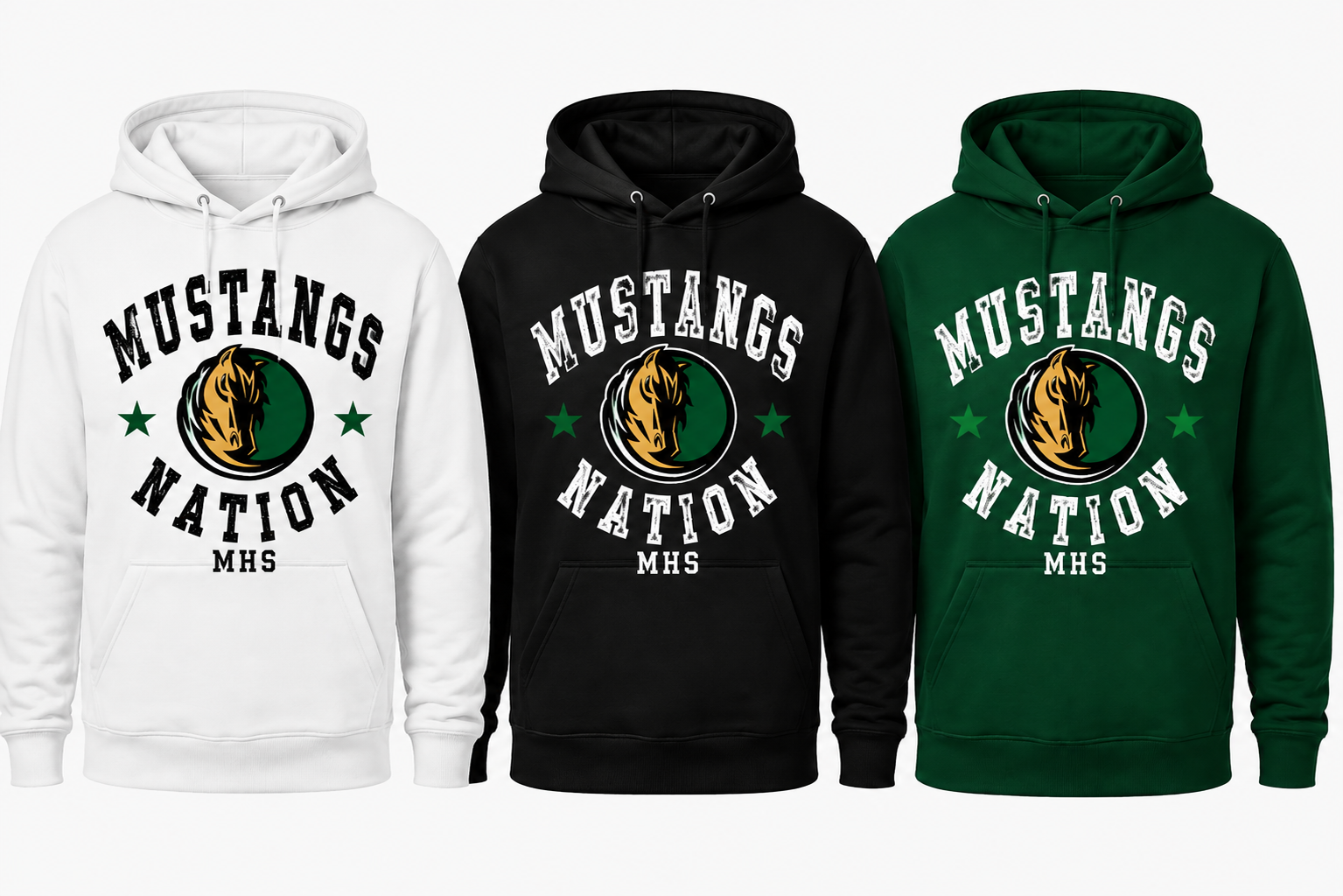 Three hooded sweatshirts shown side by side on a light gray background: white, black, and dark green, each with a large front graphic reading “MUSTANGS NATION” and “MHS,” plus a mustang head emblem and green stars.