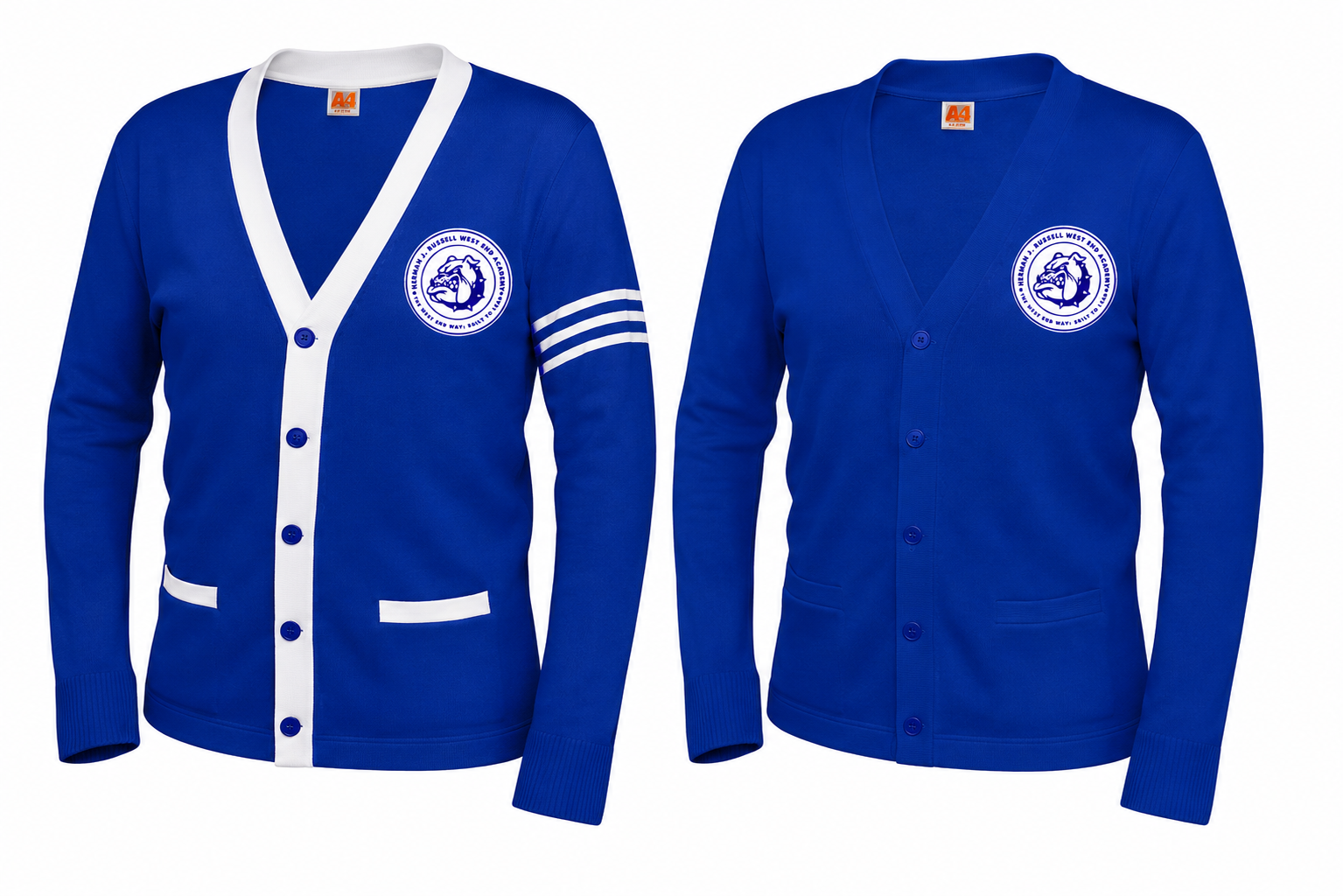 A royal blue cardigan sweater shown from both front and back views on a plain white background. The cardigan features a white V-neck trim, white buttons, a white stripe detail on the sleeve, and a circular white and blue crest logo on the left chest.
