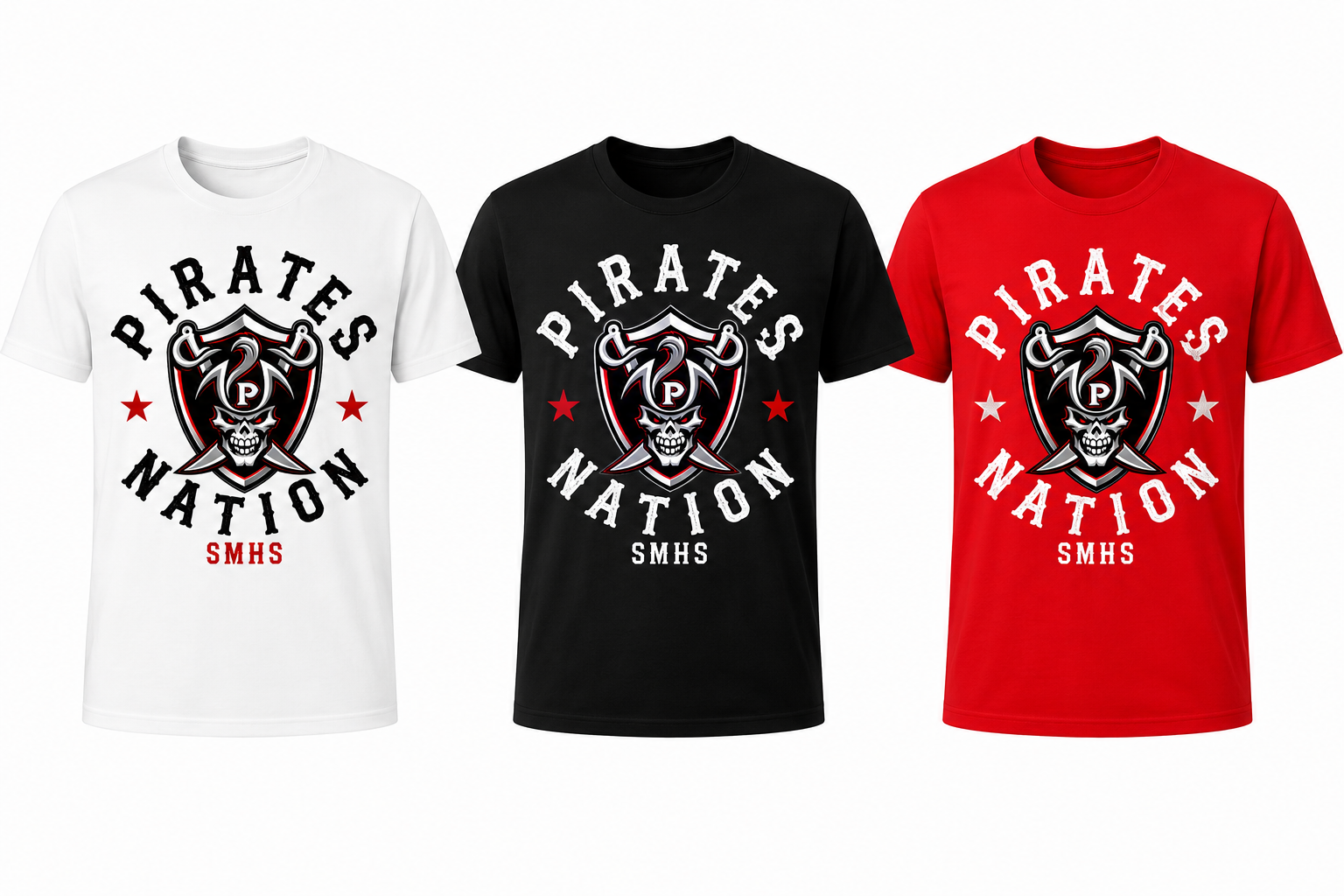 Three short-sleeve graphic T-shirts shown side by side on a plain white background: white, black, and red. Each shirt features a large pirate-style crest with the words 'PIRATES NATION' and smaller 'SMHS' text.