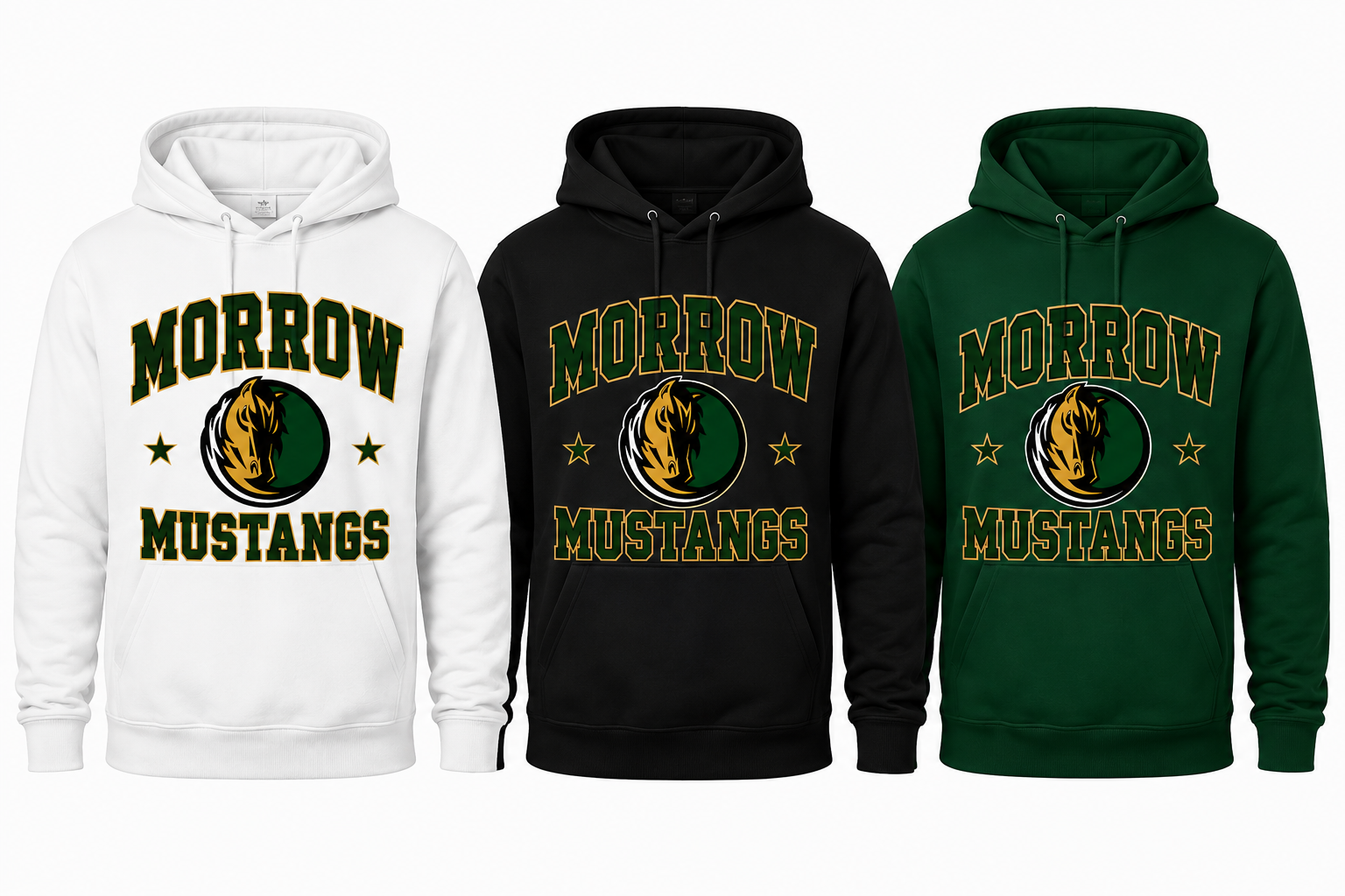 Three hoodies shown side by side on a plain white background: a white hoodie with a green and gold 'MORROW MUSTANGS' graphic, a black hoodie with the same graphic, and a dark green hoodie with the same graphic.