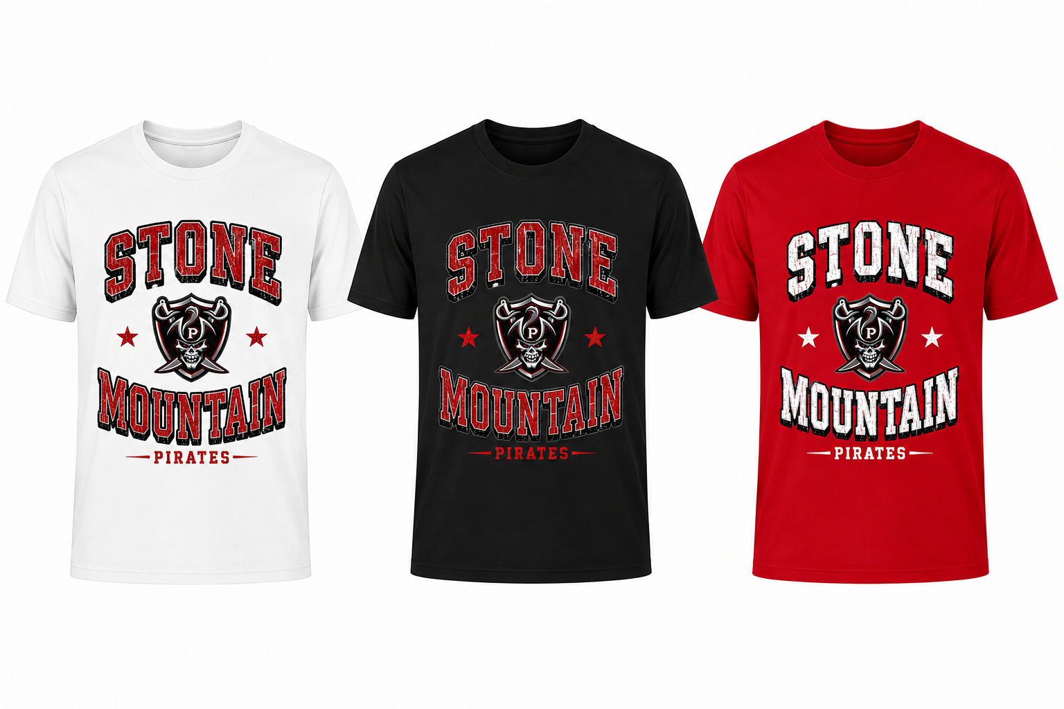 Three short-sleeve graphic T-shirts shown side by side on a light gray background: white, black, and red. Each shirt features a large collegiate-style 'STONE MOUNTAIN PIRATES' graphic with a pirate emblem and stars.