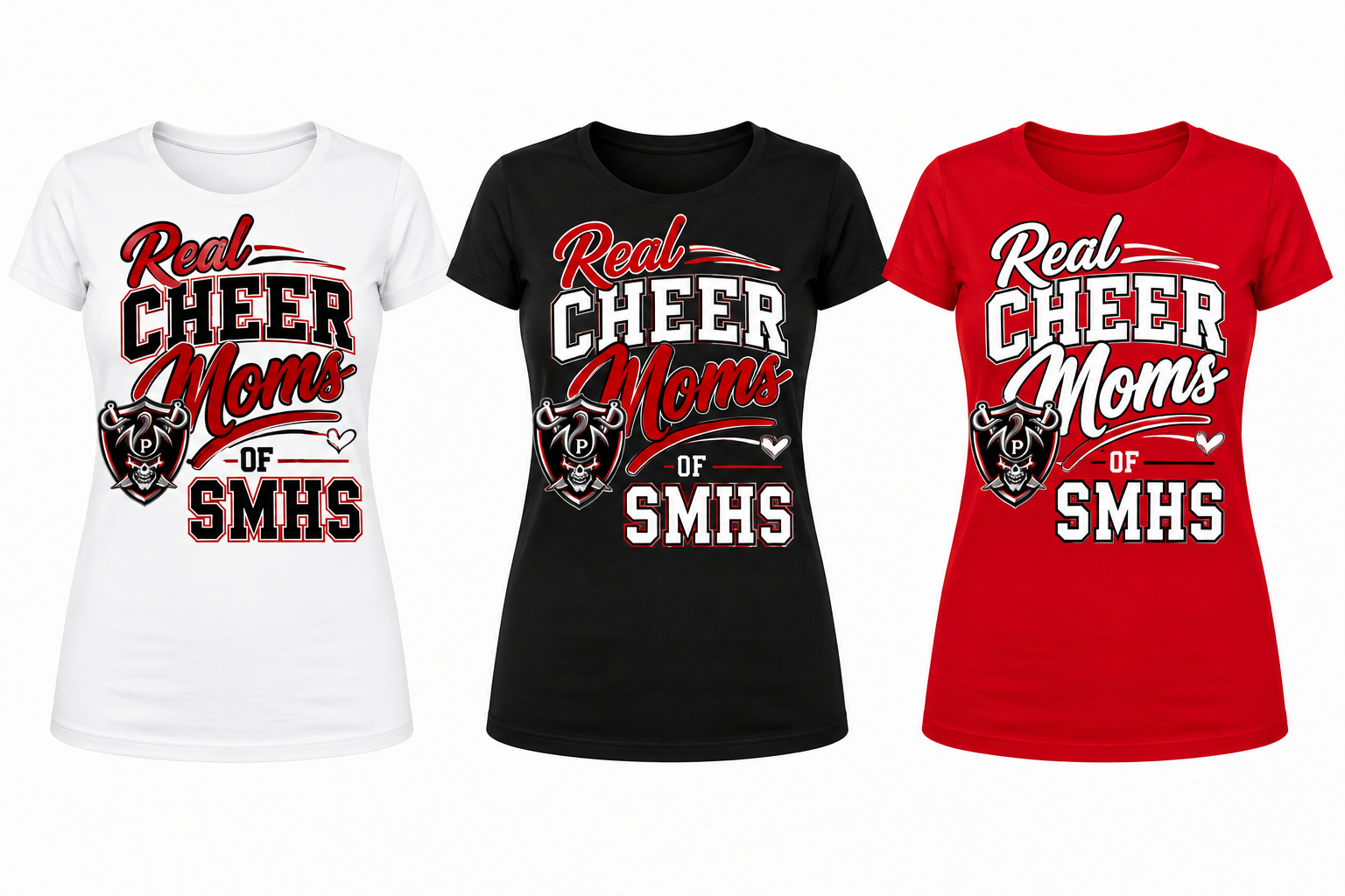 Three women's short-sleeve graphic T-shirts shown side by side on a plain white background: white, black, and red. Each shirt features the text 'Real Cheer Moms of SMHS' with a bear mascot graphic and stylized lettering.