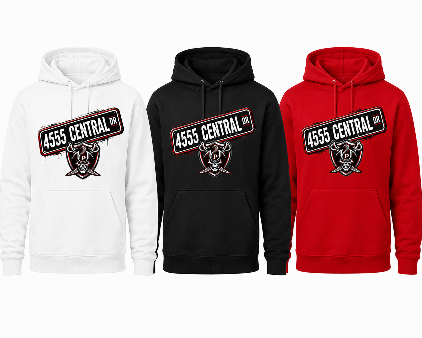 Three hoodies shown side by side on a plain light background: a white hoodie, a black hoodie, and a red hoodie. Each hoodie has a large front graphic reading "4555 CENTRAL DR" with a skull-and-crossbones style emblem below.